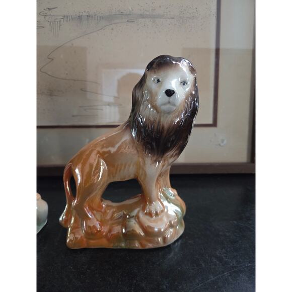 Vintage 1960s-80s Pair Brazilian Iridescent Ceramic Lions 7" Safari Decor Lustre - Picture 2 of 10